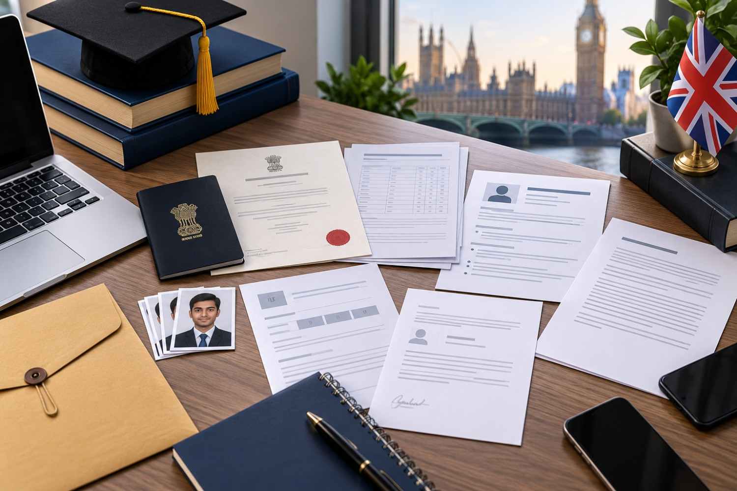 Documents and application materials arranged for an MBA in the UK, including a passport, academic transcripts, CV, personal statement, references and English-language test documents.